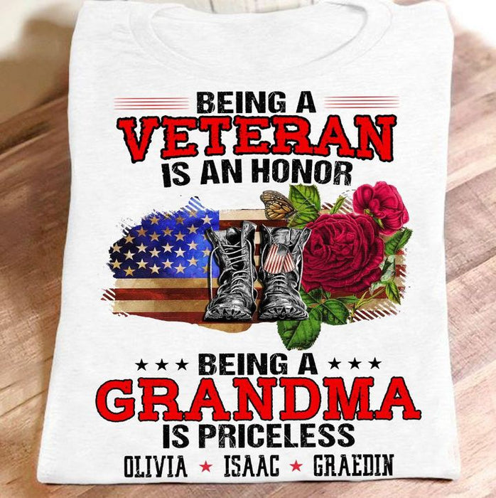 Personalized T-Shirt For Women Being A Veteran Is An Honor Being A Grandma Is Priceless Military Shoes Custom Kids Name
