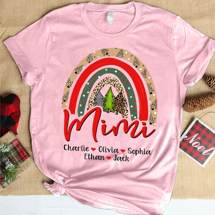 Personalized T-Shirt For Grandma Mimi Rainbow Christmas Tree Printed Leopard Design Custom Grandkids Name