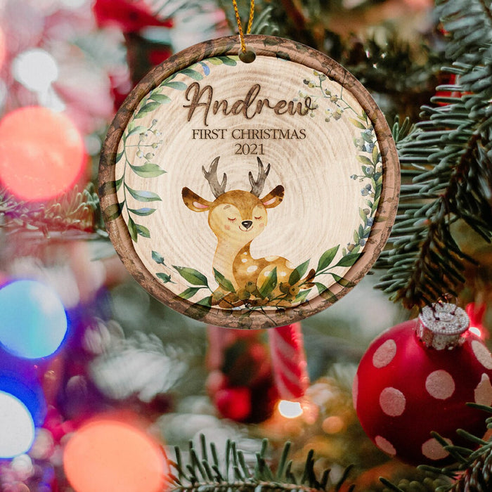 Personalized Circle Ornament Baby's First Christmas Custom Name & Year Woodland Baby Deer & Botanical Wreath Printed