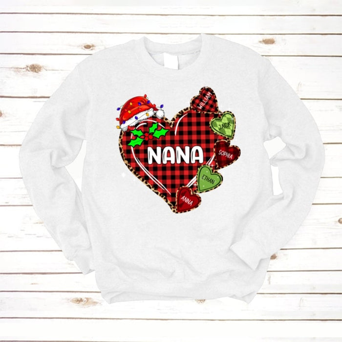 Personalized Sweatshirt & Hoodie For Grandma Nana Red Plaid Heart With Santa Hat & Lights Custom Grandkids Name