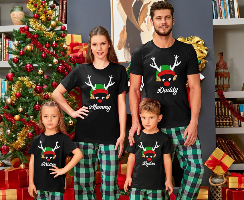 Personalized Matching Shirt For Family Cute Reindeer With Santa Hat Printed Custom Name Title Christmas Family T-Shirt