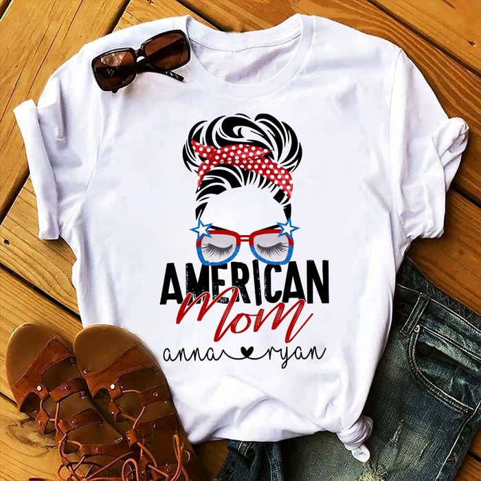 Personalized T-Shirt For Women American Mom Messy Bun Hair Shirt US Flag Red White Blue Design Custom Kids Name
