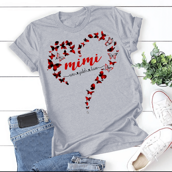 Personalized T-Shirt For Grandma Mimi Butterfly Heart Red Buffalo Plaid Design Custom Grandkids Name