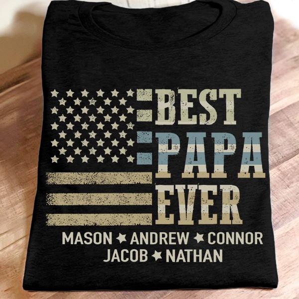 Personalized T-Shirt For Grandpa Best Papa Ever American Flag Art Printed Custom Grandkid's Name Retro Vintage Shirt