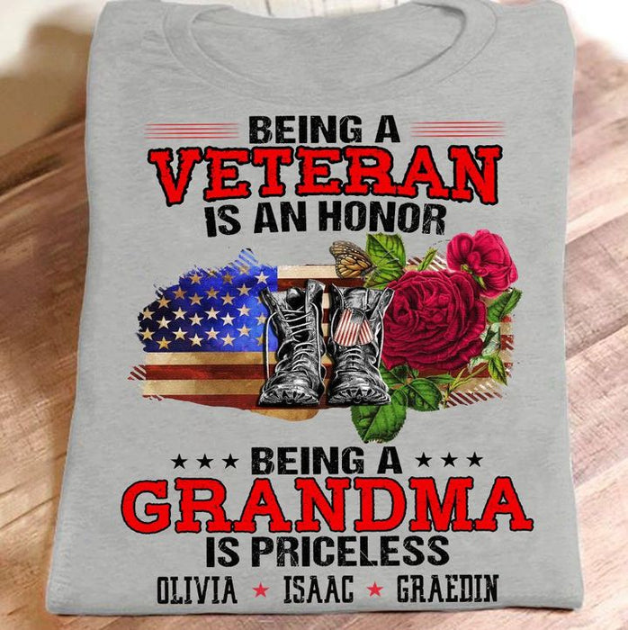 Personalized T-Shirt For Women Being A Veteran Is An Honor Being A Grandma Is Priceless Military Shoes Custom Kids Name
