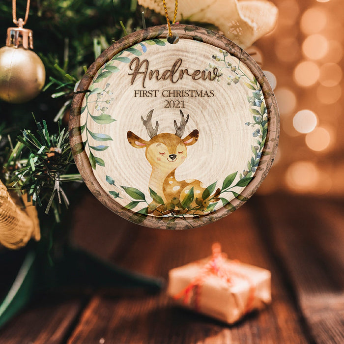 Personalized Circle Ornament Baby's First Christmas Custom Name & Year Woodland Baby Deer & Botanical Wreath Printed