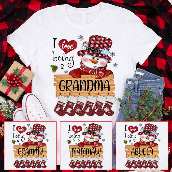 Personalized T-Shirt I Love Being A Grandma Cute Snowman & Socks Printed Custom Grandkids Name Red Plaid Design