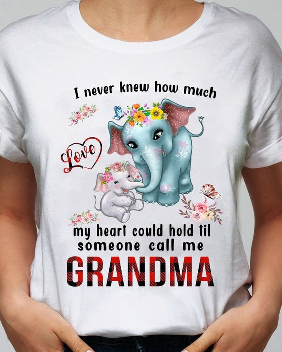 Personalized T-Shirt For Grandma I Never Know How Much Love My Heart Could Hold Print Cute Elephant & Baby Floral Design