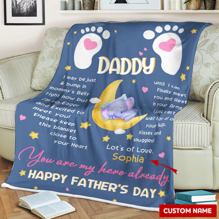 Personalized Blanket To My Dad From Baby Bump My Hero Happy Father's Day Cute Baby Elephant Print Custom Name