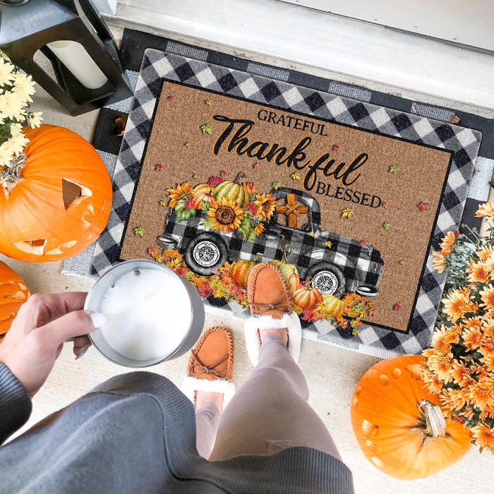 Welcome Doormat For Christian Lovers Grateful Thankful Blessed Pumpkin Truck With Sunflower & Cross Printed Plaid Design