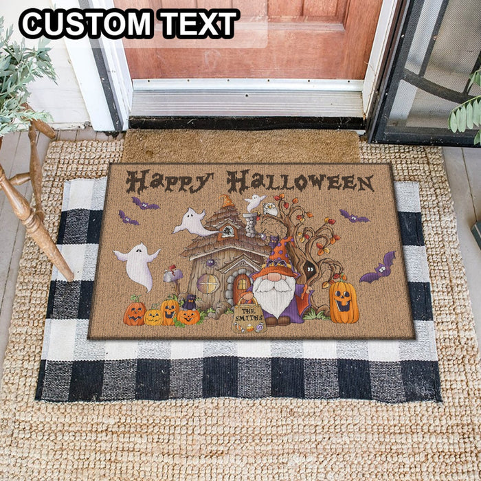 Personalized Welcome Doormat Happy Halloween Cute Gnome With Pumpkin Ghost & Bat Printed Custom Family Name
