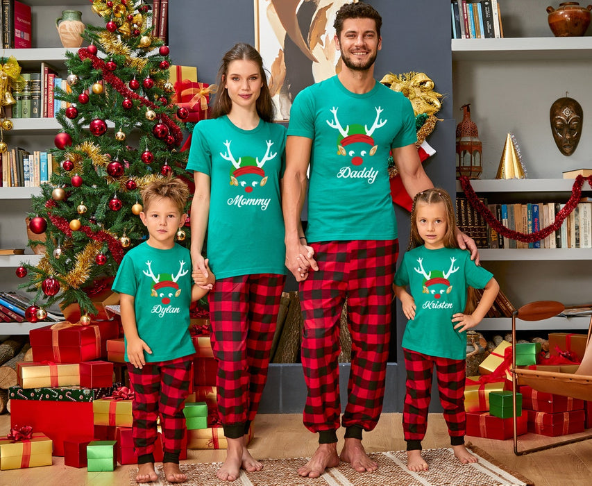 Personalized Matching Shirt For Family Cute Reindeer With Santa Hat Printed Custom Name Title Christmas Family T-Shirt
