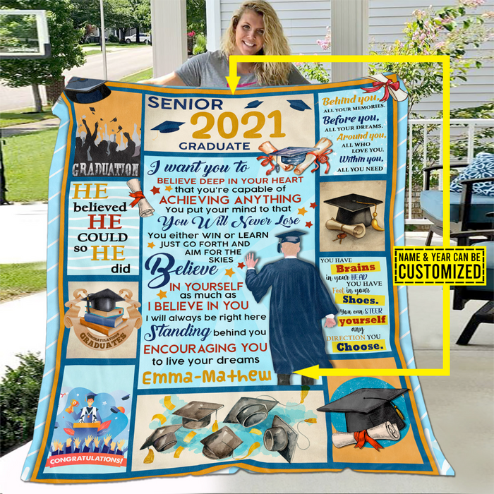 Personalized Graduation Blanket For Son Grandson Senior 2022 Graduate Custom Name & Year He Believe He Could So He Did