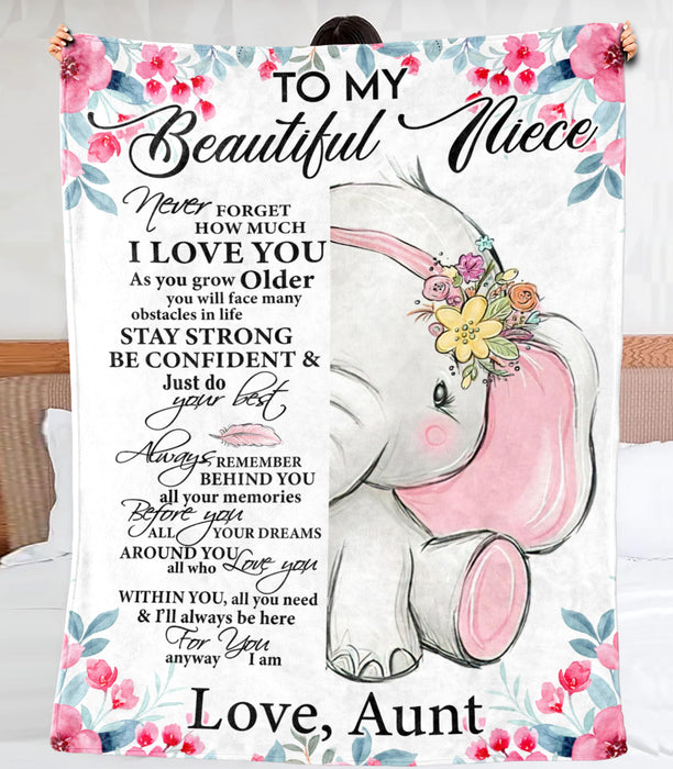 Personalized To My Niece Blanket From Aunt Cute Elephant & Pink Flower Printed Baby Girl Premium Blanket Custom Name