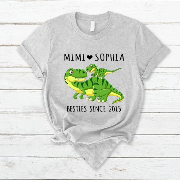 Personalized T-Shirt For Grandma Mimi Besties Since 2015 Cute Dinosaur With Baby Printed Custom Grandkid's Name