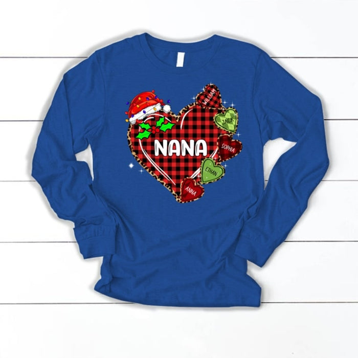 Personalized Sweatshirt & Hoodie For Grandma Nana Red Plaid Heart With Santa Hat & Lights Custom Grandkids Name
