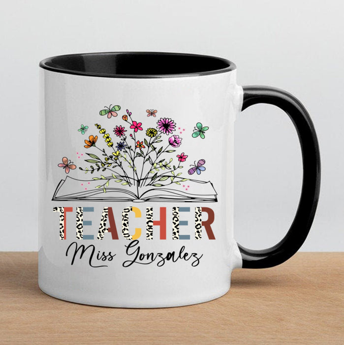 Personalized Coffee Mug For Teacher Flower Book Butterflies Custom Name Ceramic Cup Gifts For Back To School