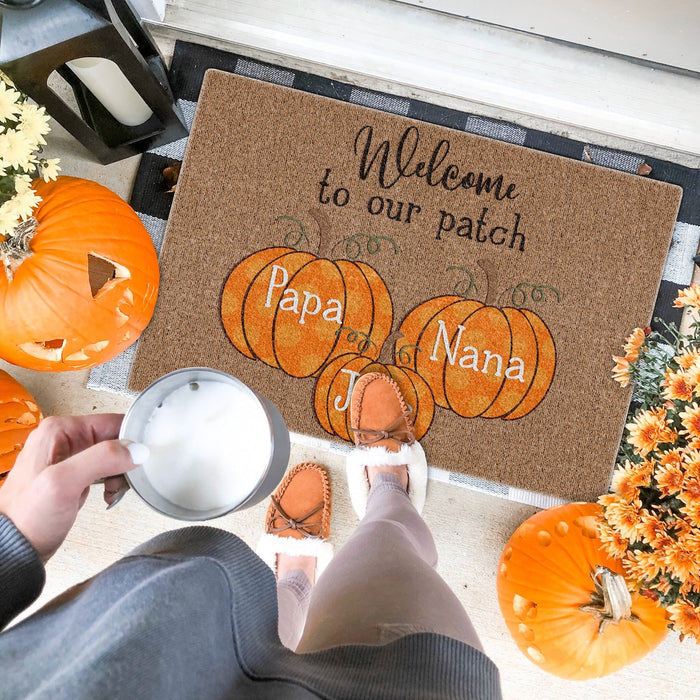 Personalized Doormat Welcome To Our Patch Cute Pumpkin Printed Polka Dot Design Custom Family Member Fall Doormat