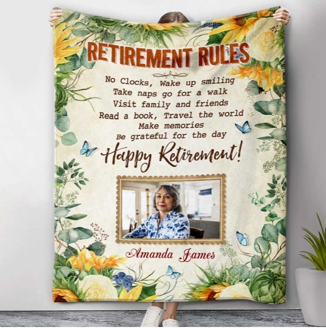 Personalized Retirement Blanket For Coworker Sunflower No Clock Wake Up Smiling Custom Name & Photo Gifts For Men Women