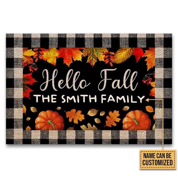 Personalized Welcome Doormat Hello Fall Cute Pumpkin And Maple Leaves Printed Plaid Design Custom Family Name