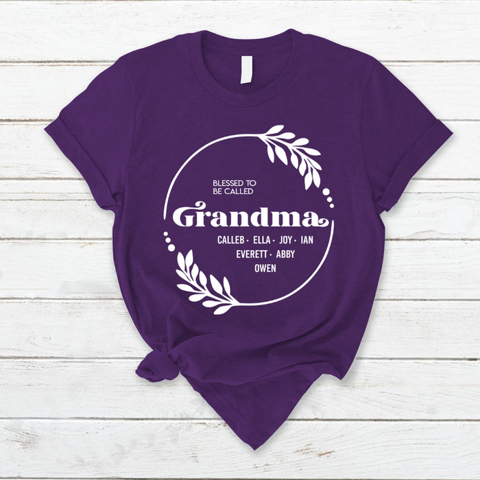 Personalized T-Shirt Blessed To Be Called Grandma Leaf Circle Custom Grandkids Name Mothers Day Shirt