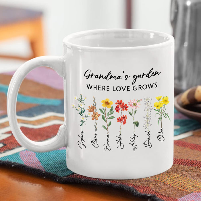 Personalized Coffee Mug Grandma's Garden Where Love Grows Flower Custom Grandkids Name Gifts For Grandma Mothers Day Cup
