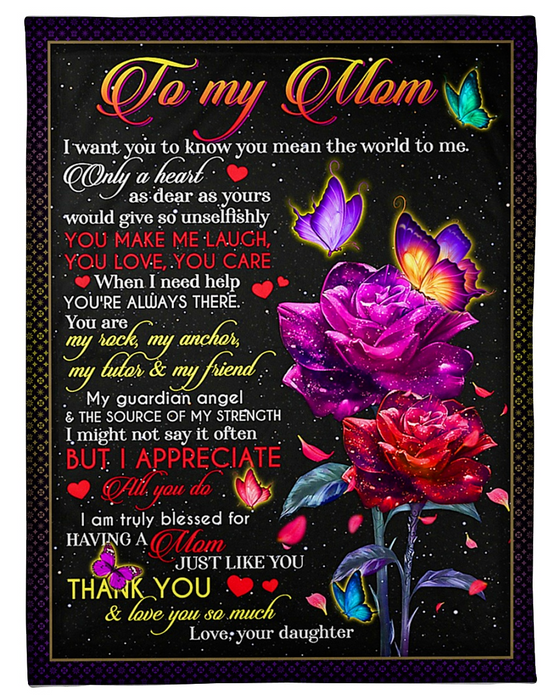 Personalized Fleece Blanket For Mom Print Beautiful Rose And Butterfly Love Quote For Mother Customized Blanket Gift For Mothers Day