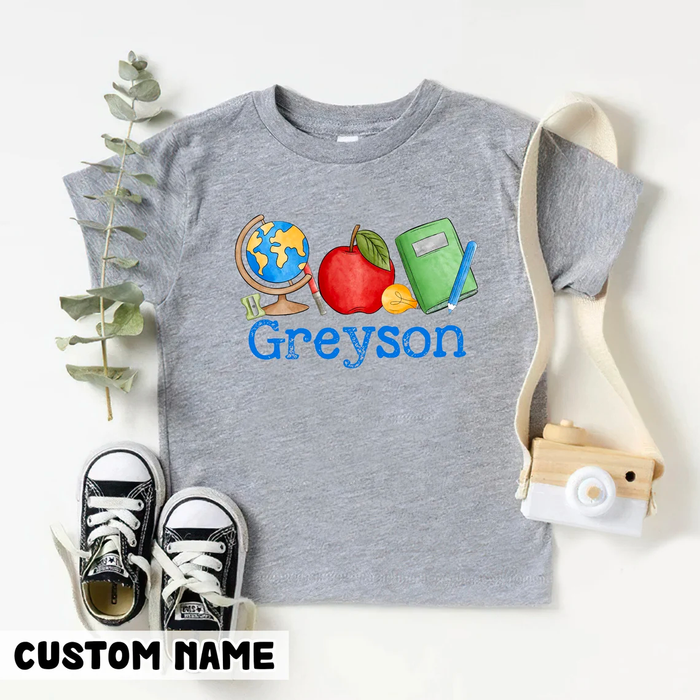 Personalized T-Shirt For Kid Glove Pencil & Apple Print Vintage Style Custom Name Back To School Outfit