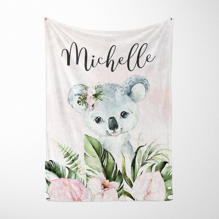 Personalized Baby Blanket Cute Koala And Tropical Flower Printed Custom Name Baby Reveal Blanket Newborn Blanket