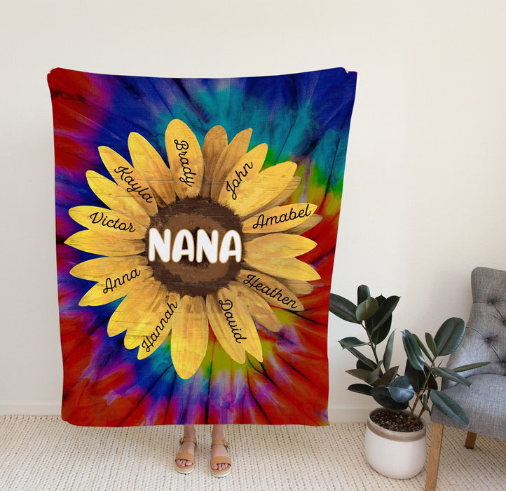 Personalized To My Grandma Blanket From Grandkids Tie Dye Sunflower Nana Custom Name Gifts For Christmas