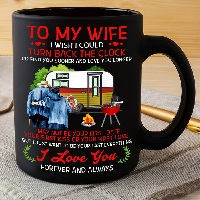 Personalized Coffee Mug For Wife From Husband Hugging Old Couple Camping Custom Name Black Cup Gifts For Birthday