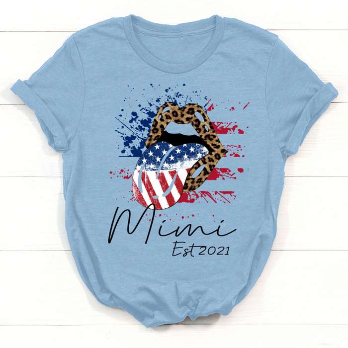 Personalized T-Shirt For Grandma Leopard Lips USA Flag Design Custom Name And Year Independence Day Shirt