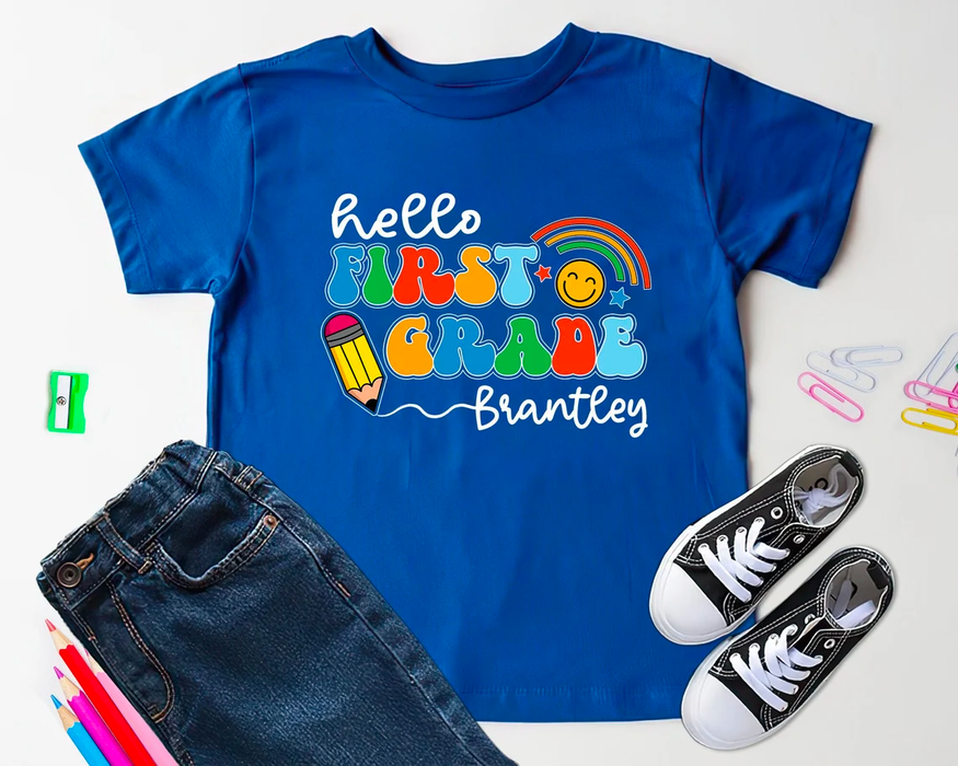 Personalized T-Shirt For Kid Hello Hello First Grade Rainbow & Smiley Face Print Custom Name Back To School Outfit