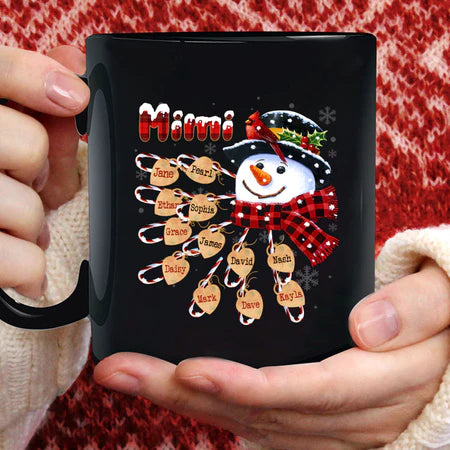 Personalized Coffee Mug Gifts For Grandmother Mimi Snowman Tag Candy Cane Custom Grandkids Name Christmas Black Cup