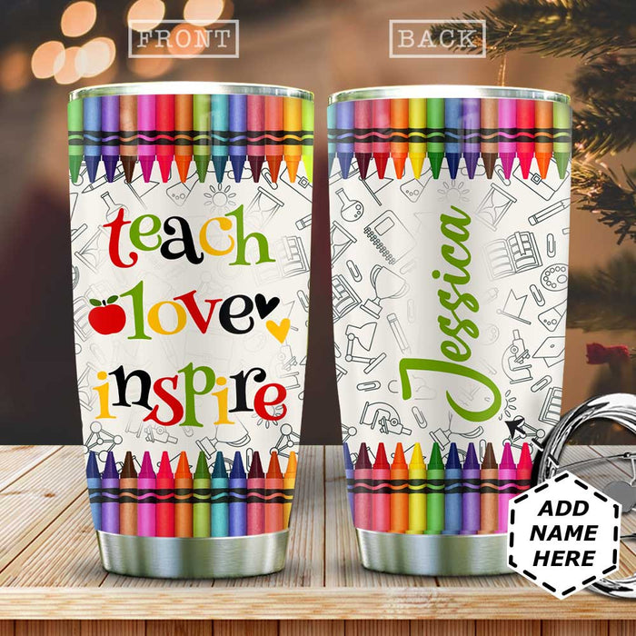 Personalized Travel Cup For Teacher Colorful Crayons Teaching Love Inspire 20oz Tumbler Custom Name Back To School Gifts