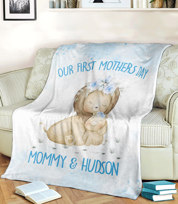 Personalized Premium Blanket For New Mom Our First Mother'S Day Mommy & Son Cute Hugging Lion & Blue Flower Custom Name
