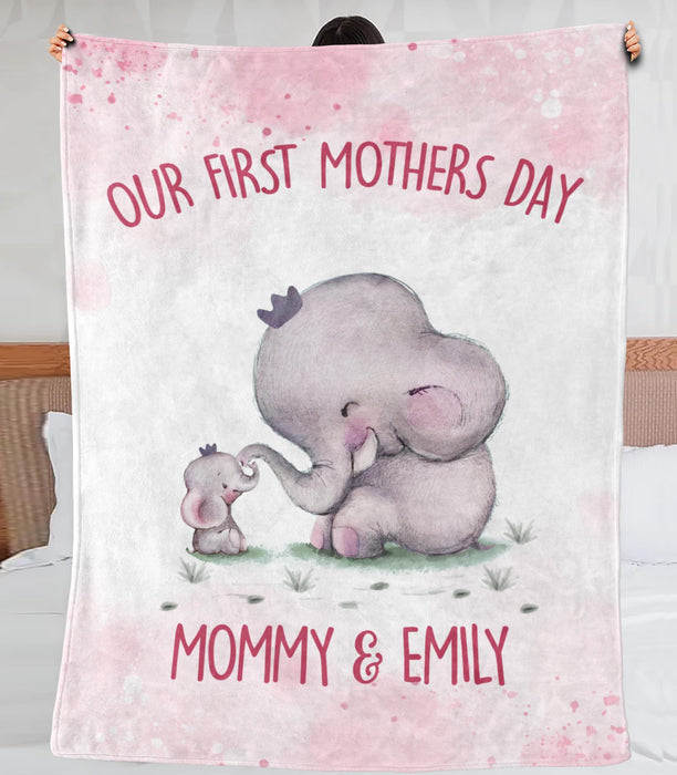 Personalized Premium Pink Blanket For New Mom Our First Mother'S Day Mommy & Daughter Cute Elephant & Baby Custom Name