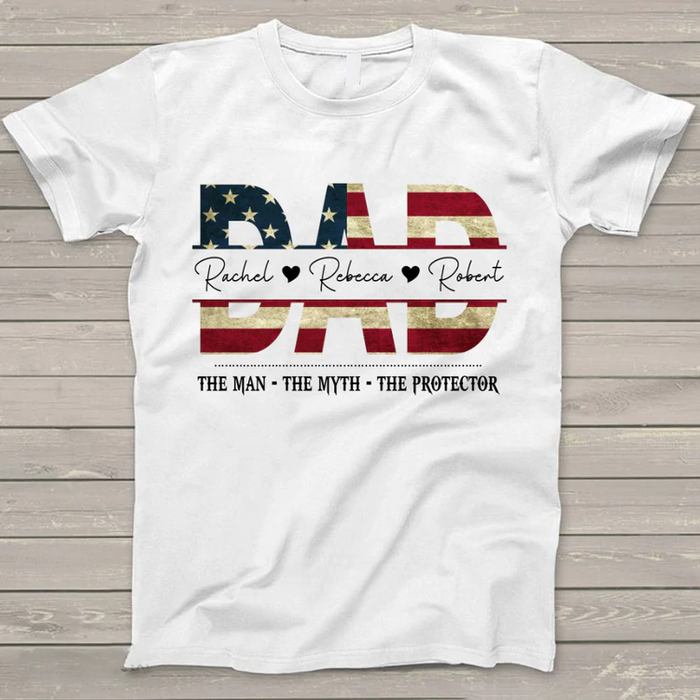 Personalized T-Shirt For Dad Vintage USA Flag Design The Man The Myth The Protector Custom Kid Name 4th Of July Shirt