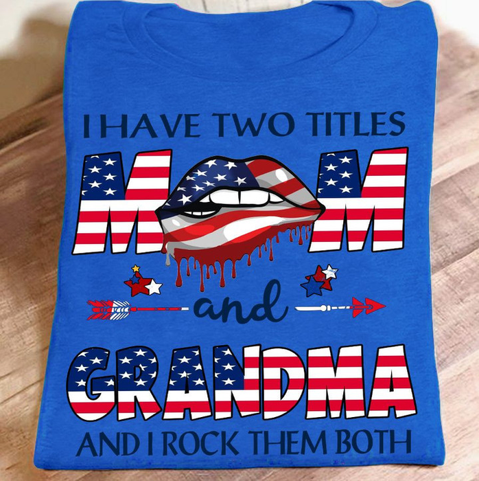 Personalized T-Shirt For Grandma Lips & Arrow Print USA Flag Design Custom Grandkids Name 4th July Day Shirt