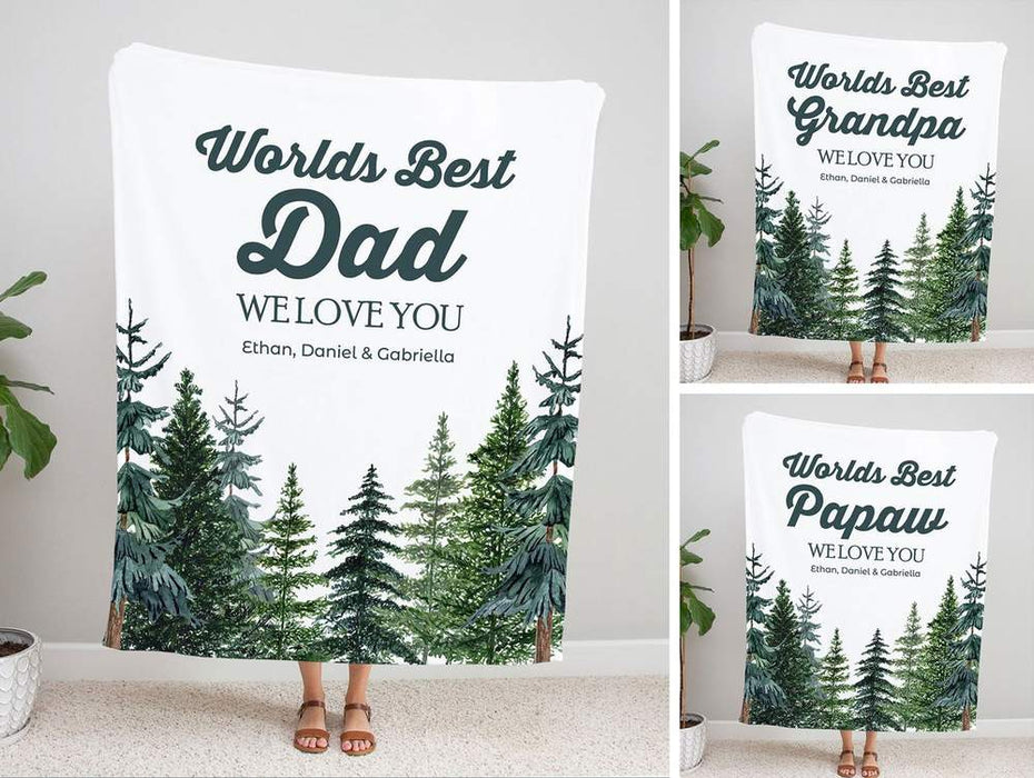 Personalized Dad We Love You Blanket For Father Grandpa Green Xmas Forest Print Blanket Custom Name Nickname & Kids Name