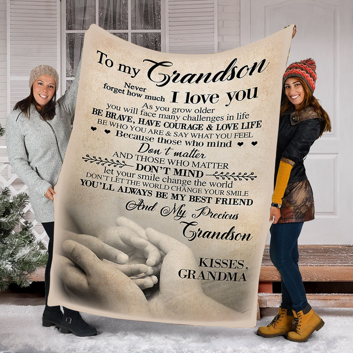 Personalized Blanket To My Grandson From Grandma Be Brave Have Courage Hand In Hand Print Rustic Design Custom Nam