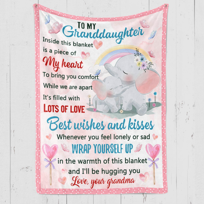 Personalized Blanket To My Granddaughter From Grandma Lovely Elephant, Butterfly & Rainbow Printed Custom Name