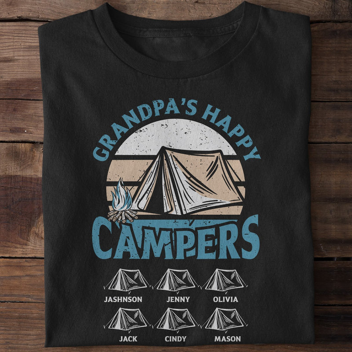 Personalized T-Shirt Grandpa'S Happy Campers Vintage Design With Campfire & Camp Printed Custom Grandkids Name