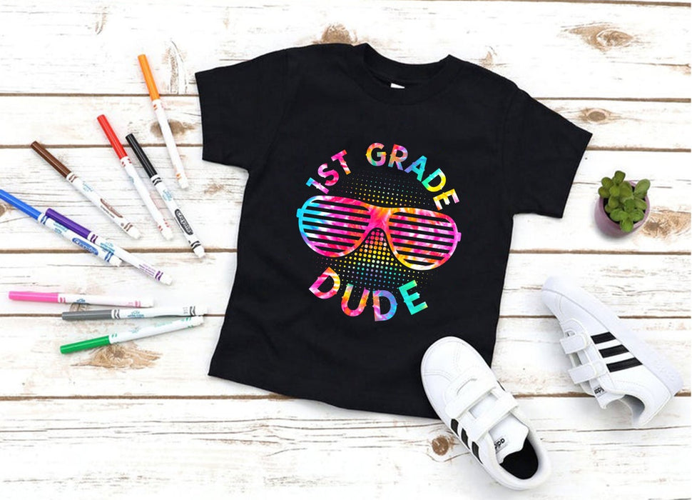 Personalized T-Shirt For Kid 1st Grade Dude Tie Dye Glasses Custom Grade Level Back To School Outfit