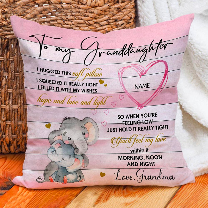 Personalized To My Granddaughter Square Pillow Cute Hugging Elephant Pink Theme Custom Name Sofa Cushion Christmas Gifts