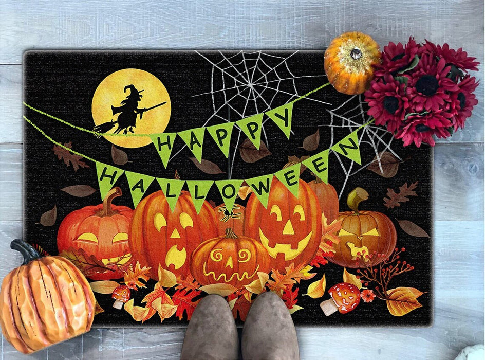Welcome Doormat Happy Halloween Hanging Decoration With Pumpkin Lantern & Flying Witch Printed Black Background Doormat