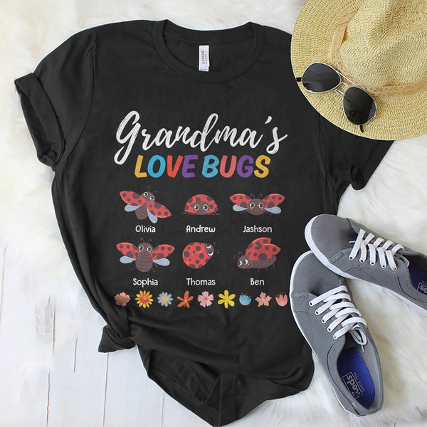 Personalized T-Shirt Grandma'S Love Bugs Cute Bug And Flower Printed Custom Grandkids Name Mothers Day Shirt