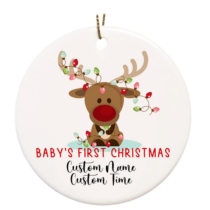 Personalized Circle Ornament Baby'S First Christmas Cute Reindeer With Xmas Lights Printed Custom Name & Date