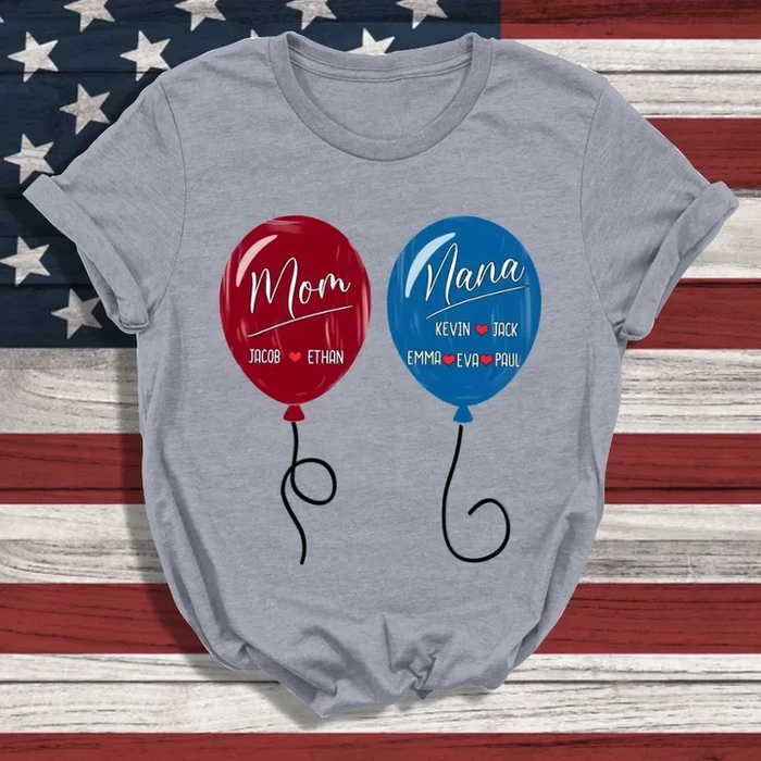 Personalized T-Shirt For Grandma Balloon Printed With Blue Red White Design Custom Kids Name 4th July Day Shirt