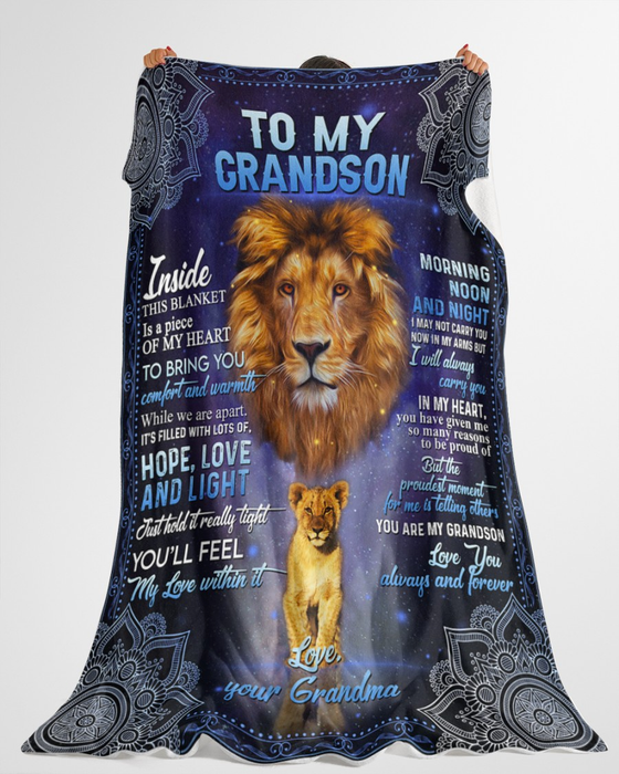 Personalized To My Grandson Blanket From Grandma Inside This Blanket Is A Piece Of My Heart Old Lion & Baby Lion Printed